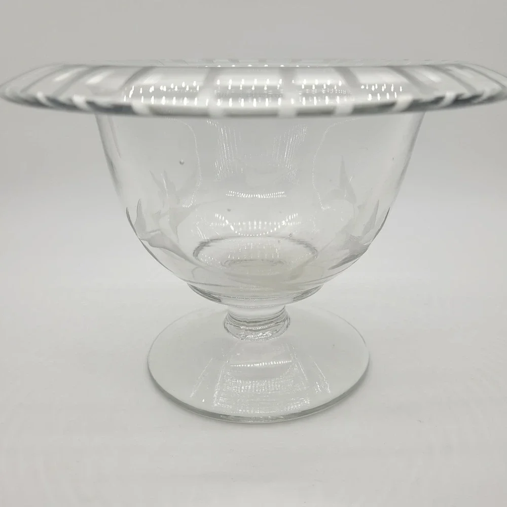 Vintage Etched Glass Footed Bowl Floral Butterfly Frosted Striped Rim Compote‎